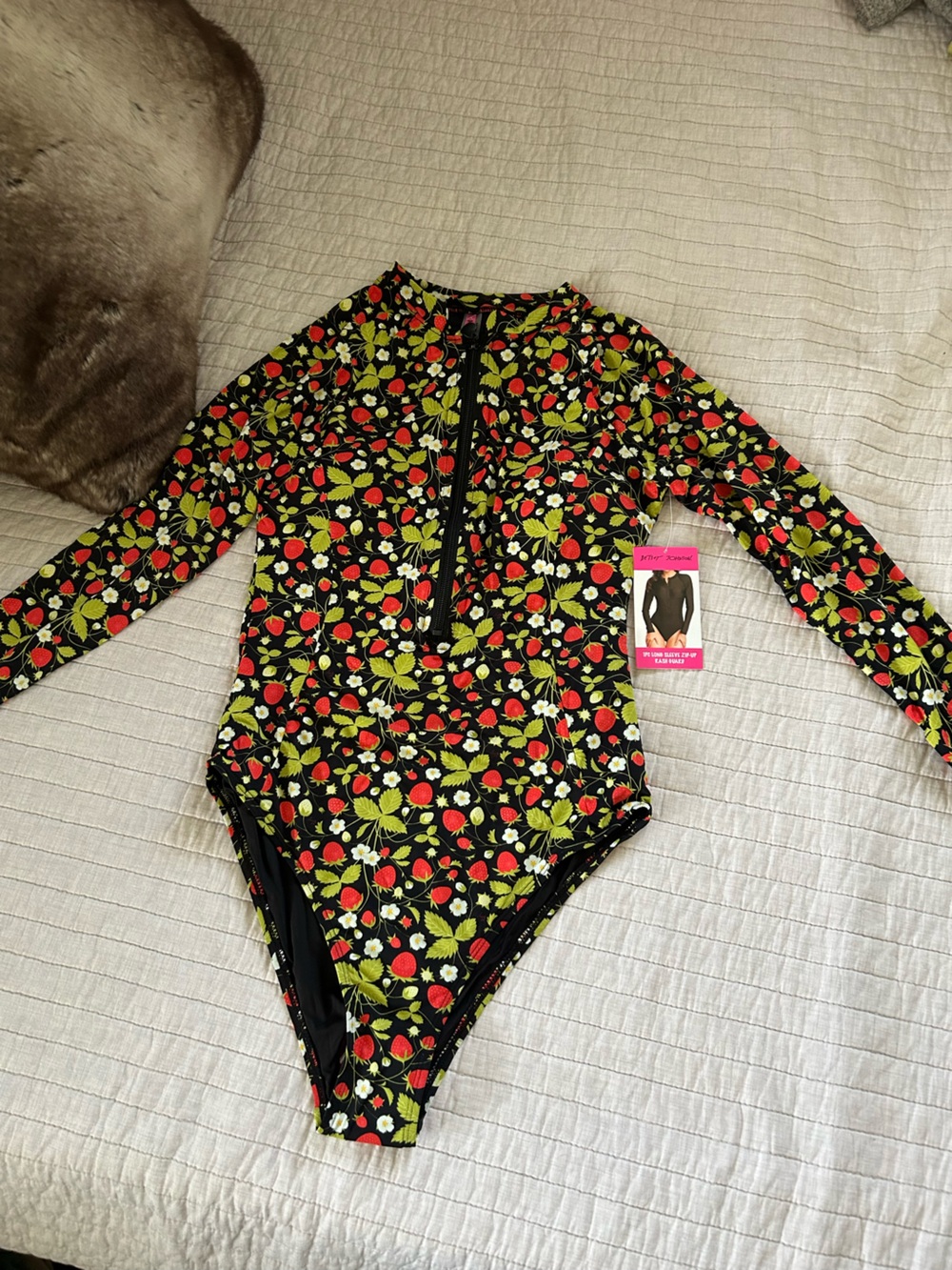 Betsy Johnson one piece, black strawberry, print, zip long sleeve swimsuit L nwt